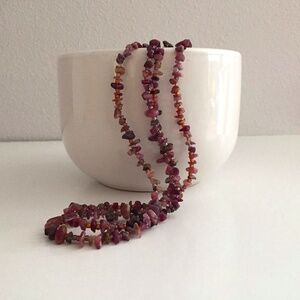 Long amethyst and purple glass bead necklace elegant opera length